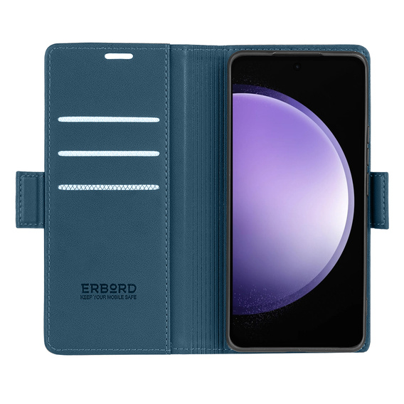 Case for Samsung Galaxy S23 FE, ERBORD Glossy Litchi, wallet with flap, blue