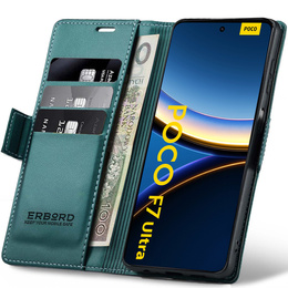 Case for Xiaomi Poco F7 Ultra, ERBORD Glossy Litchi, wallet with flap, green