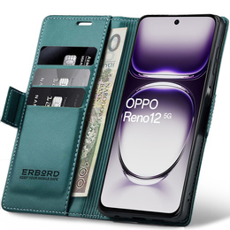Case for Oppo Reno 12, ERBORD Glossy Litchi, wallet with flap, green