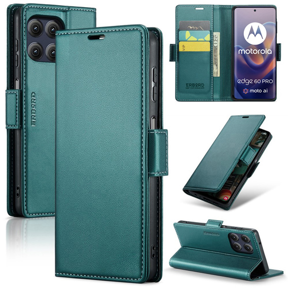 Etui do Motorola Edge 60 Pro, ERBORD Glossy Litchi, portfel z klapką, zielone