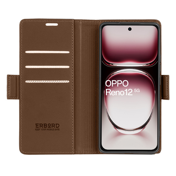 Case for Oppo Reno 12, ERBORD Glossy Litchi, wallet with flap, brown