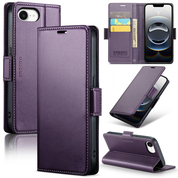 Case for Iphone 16E, ERBORD Glossy Litchi, wallet with flap, purple