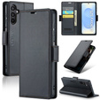 Case for Samsung Galaxy S25, ERBORD Glossy Litchi, wallet with flap, black