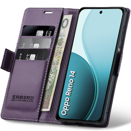 Case for Oppo Reno 14, ERBORD Glossy Litchi, wallet with flap, purple