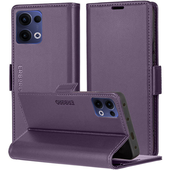 Case for Oppo Reno 13, ERBORD Glossy Litchi, wallet with flap, purple