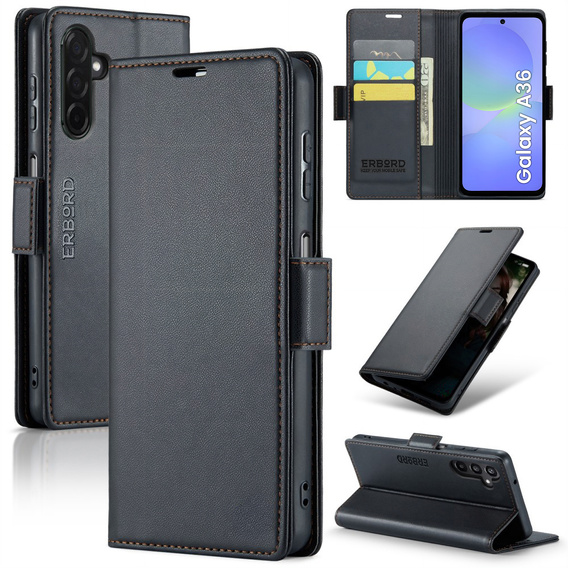 Etui do Samsung Galaxy A36 5G, ERBORD Glossy Litchi, portfel z klapką, czarne