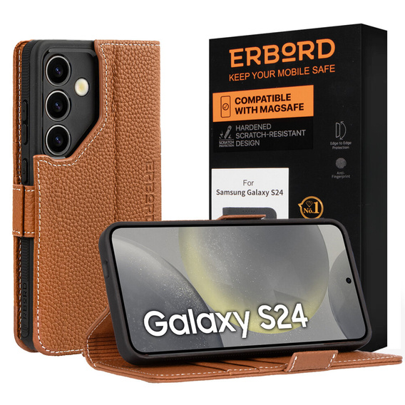 Leather case for Samsung Galaxy S24, ERBORD LeatherWallet, brown