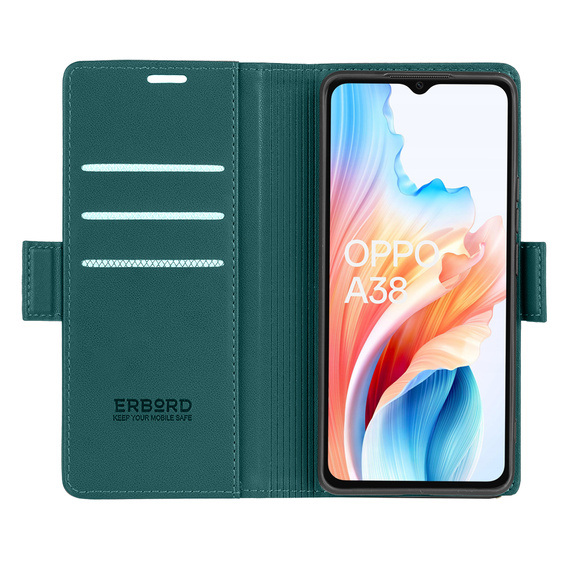 Etui do Oppo A18 4G / A38 4G, ERBORD Glossy Litchi, portfel z klapką, zielone
