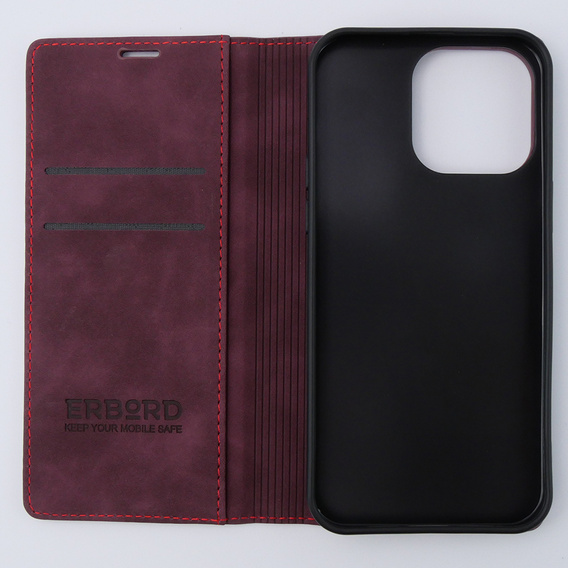 Case for iPhone 15 Pro Max, ERBORD Vintage, wallet with flap, red