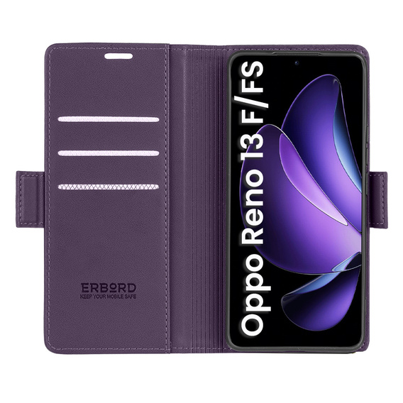 Case for Oppo Reno 13F / Oppo Reno 13FS, ERBORD Glossy Litchi, wallet with flap, purple