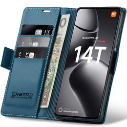 Case for Xiaomi 14T, ERBORD Glossy Litchi, wallet with flap, blue