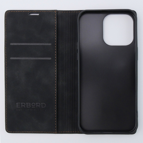 Case for iPhone 15 Pro Max, ERBORD Vintage, wallet with flap, black