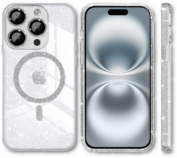 Etui do iPhone 16 Pro Max, ERBORD Glitter MagSafe, przezroczyste + Szkło na ekran