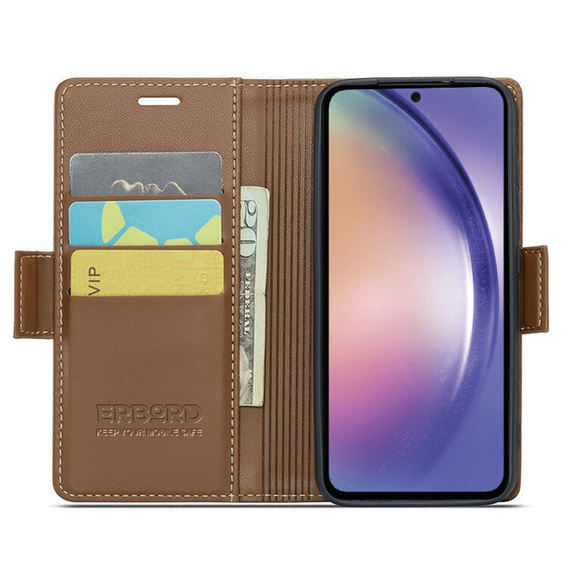 Case for Samsung Galaxy A55, ERBORD Glossy Litchi, wallet with flap, brown