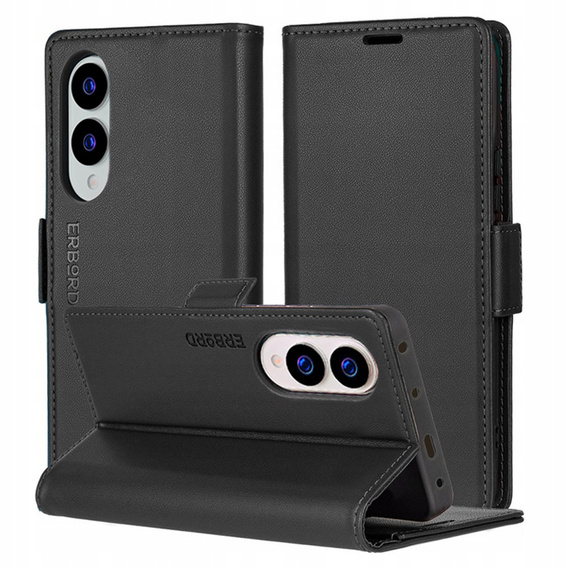Case for Samsung Galaxy S25 Edge, ERBORD Glossy Litchi, wallet with flap, black