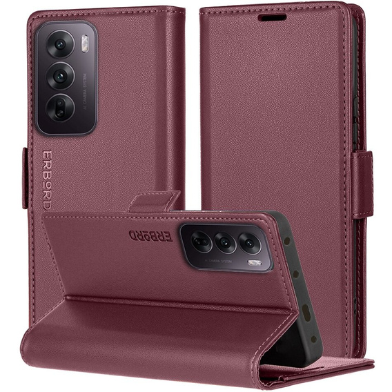 Case for Oppo Reno 12 Pro, ERBORD Glossy Litchi, wallet with flap, red