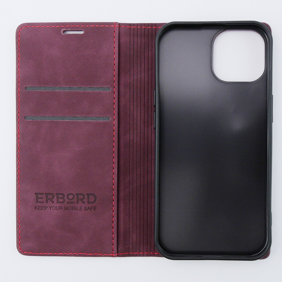 Case for iPhone 15, ERBORD Vintage, wallet with flap, red