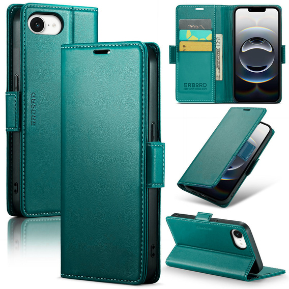 Case for Iphone 16E, ERBORD Glossy Litchi, wallet with flap, green