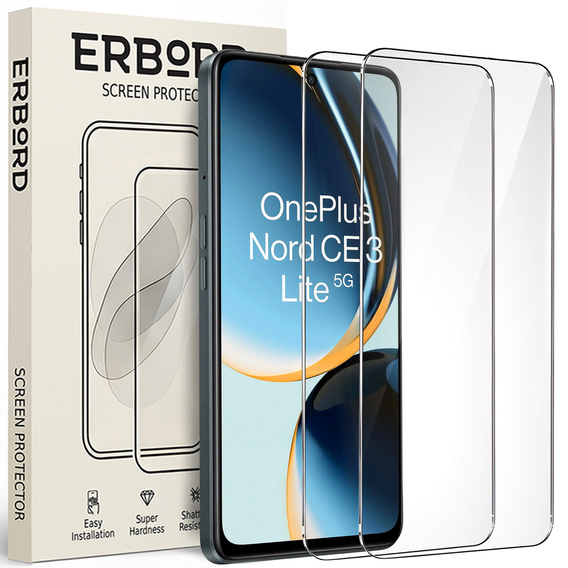 2x Szkło Hartowane do OnePlus Nord CE 3 Lite 5G, ERBORD 9H Hard Glass, szybka