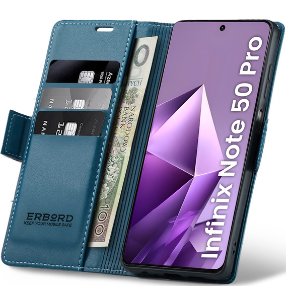 Etui do Infinix Note 50 Pro, ERBORD Glossy Litchi, portfel z klapką, niebieskie