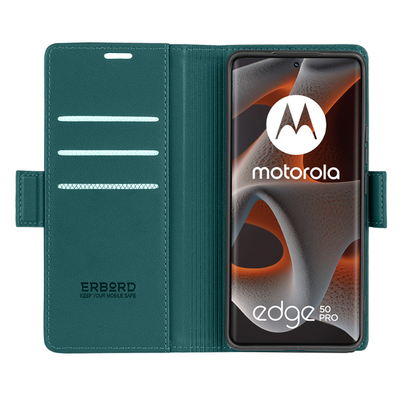 Case for Motorola Edge 50 Pro, ERBORD Glossy Litchi, wallet with flap, green