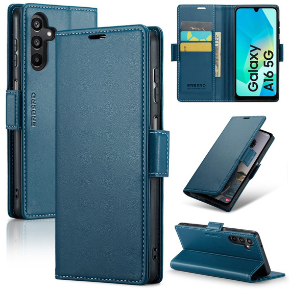 Case for Samsung Galaxy A16, ERBORD Glossy Litchi, wallet with flap, blue