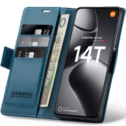 Case for Xiaomi 14T Pro, ERBORD Glossy Litchi, wallet with flap, blue