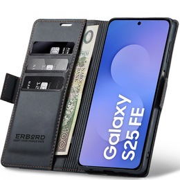 Case for Samsung Galaxy S25 FE, ERBORD Glossy Litchi, wallet with flap, black
