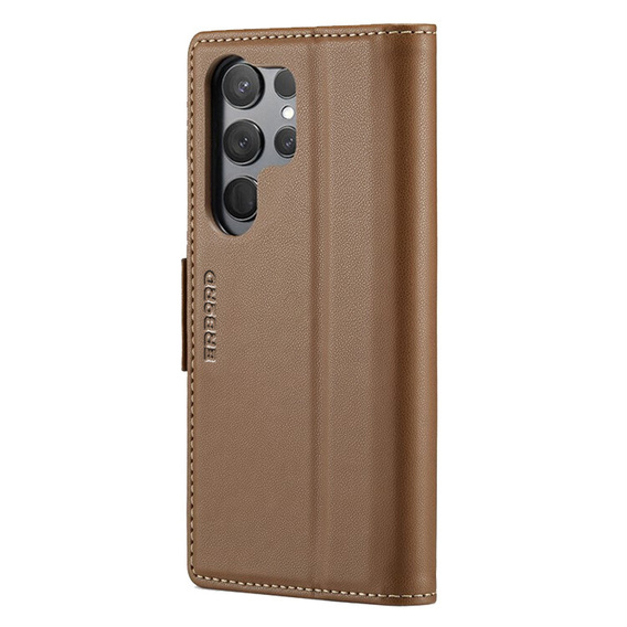 Case for Samsung Galaxy S24 Ultra, ERBORD Glossy Litchi, wallet with flap, brown
