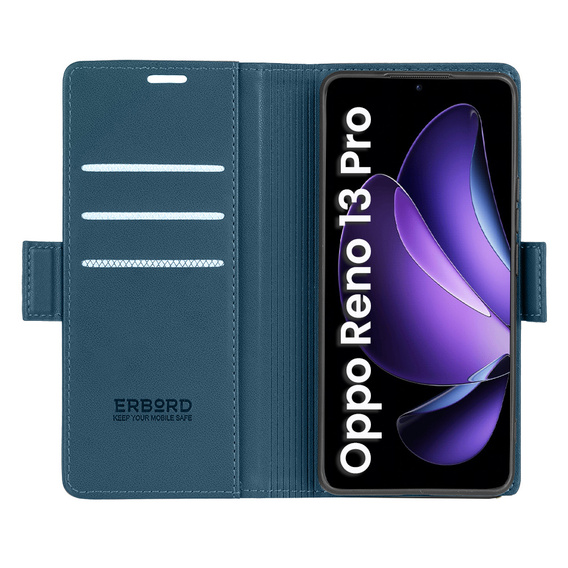 Case for Oppo Reno 13 Pro, ERBORD Glossy Litchi, wallet with flap, blue