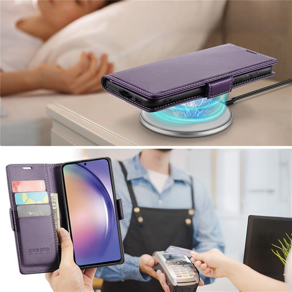 Case for Samsung Galaxy A55, ERBORD Glossy Litchi, wallet with flap, purple