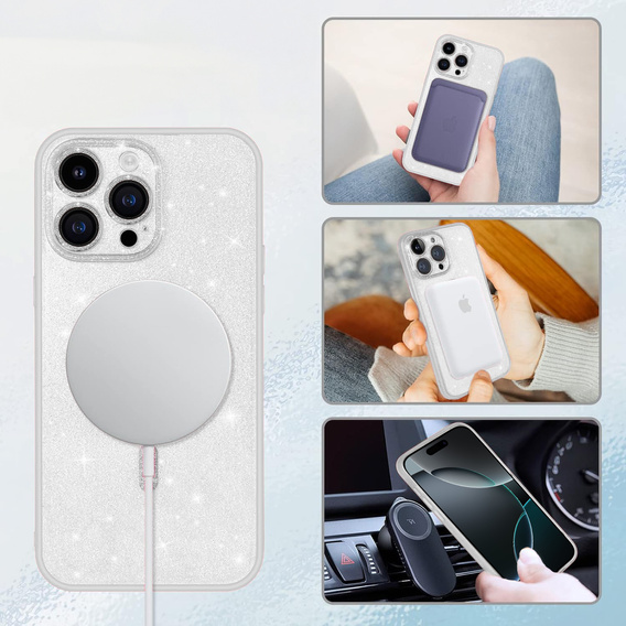 Etui do iPhone 16 Pro Max, ERBORD Glitter MagSafe, przezroczyste + Szkło na ekran