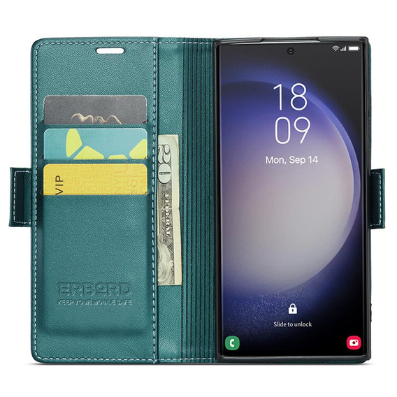 Case for Samsung Galaxy S24 Ultra, ERBORD Glossy Litchi, wallet with flap, green