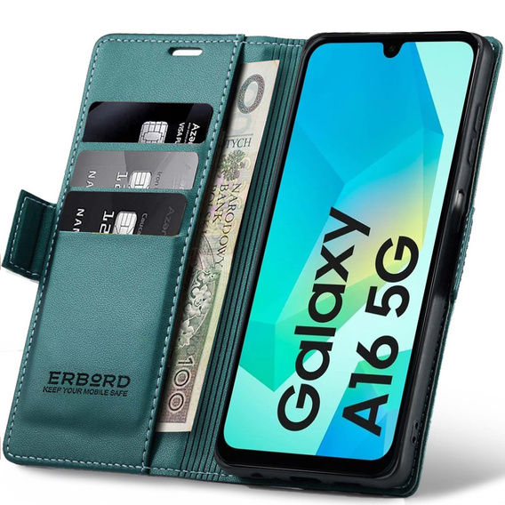 Case for Samsung Galaxy A16, ERBORD Glossy Litchi, wallet with flap, green