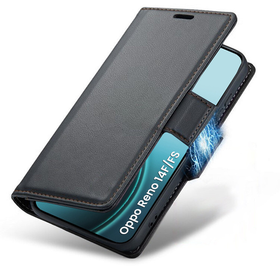 Case for Oppo Reno 14 F / 14 FS, ERBORD Glossy Litchi, wallet with flap, black