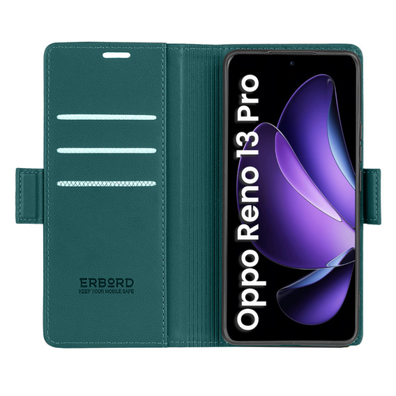 Case for Oppo Reno 13 Pro, ERBORD Glossy Litchi, wallet with flap, green