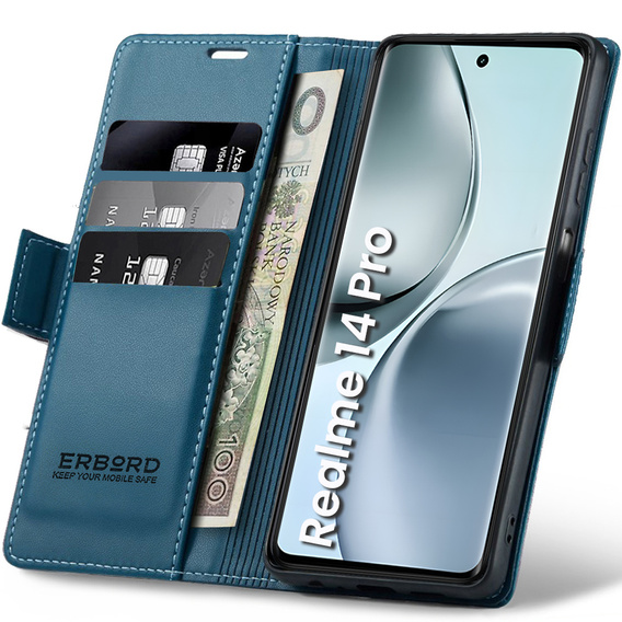 Etui do Realme 14 Pro 5G, ERBORD Glossy Litchi, portfel z klapką, niebieskie