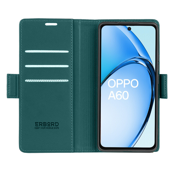 Etui do Oppo A60, ERBORD Glossy Litchi, portfel z klapką, zielone