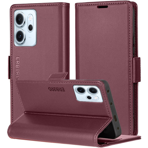 Case for Oppo Reno 14 F / 14 FS, ERBORD Glossy Litchi, wallet with flap, red