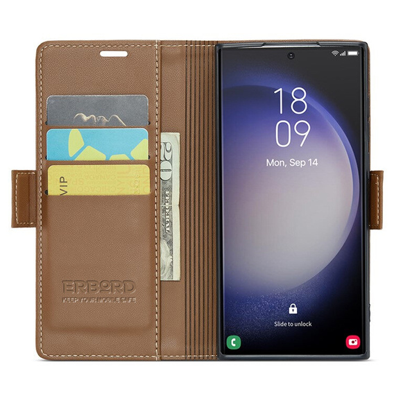 Case for Samsung Galaxy S24 Ultra, ERBORD Glossy Litchi, wallet with flap, brown