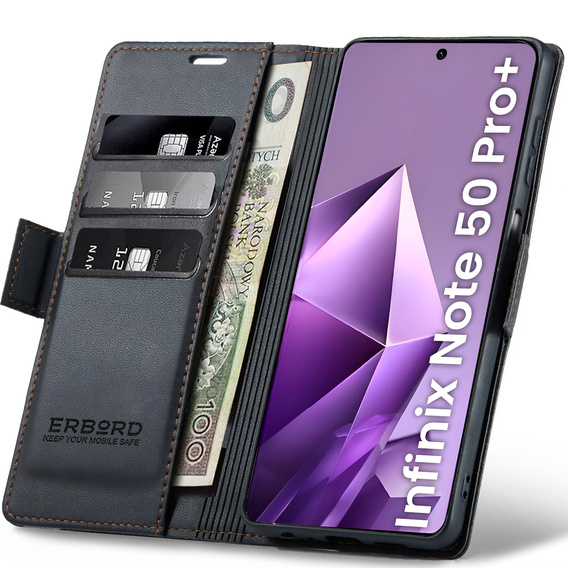 Case for Infinix Note 50 Pro+, ERBORD Glossy Litchi, wallet with flap, black
