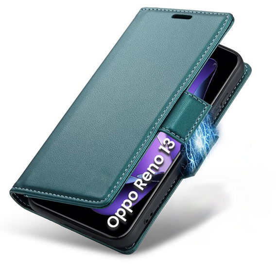 Case for Oppo Reno 13, ERBORD Glossy Litchi, wallet with flap, green