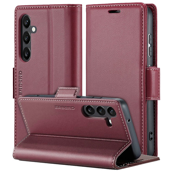 Case for Samsung Galaxy S25, ERBORD Glossy Litchi, wallet with flap, red
