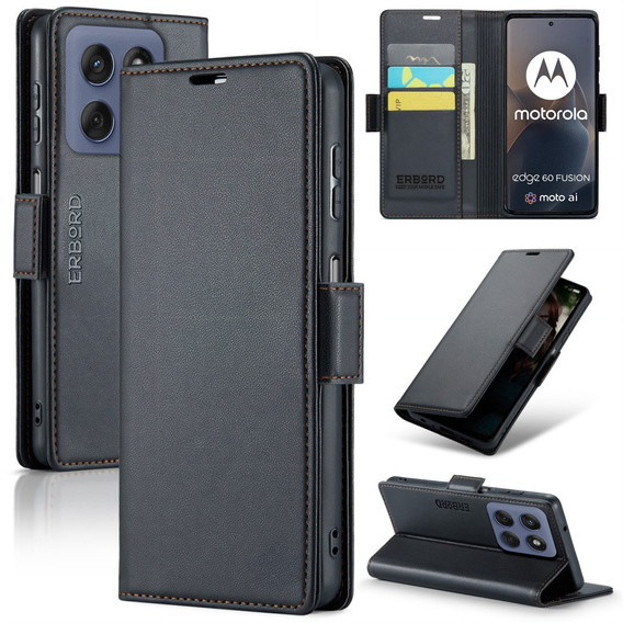 Case for Motorola Edge 60 / 60 Fusion, ERBORD Glossy Litchi, wallet with flap, black