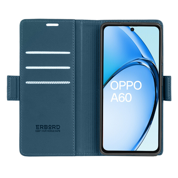Case for Oppo A60, ERBORD Glossy Litchi, wallet with flap, blue