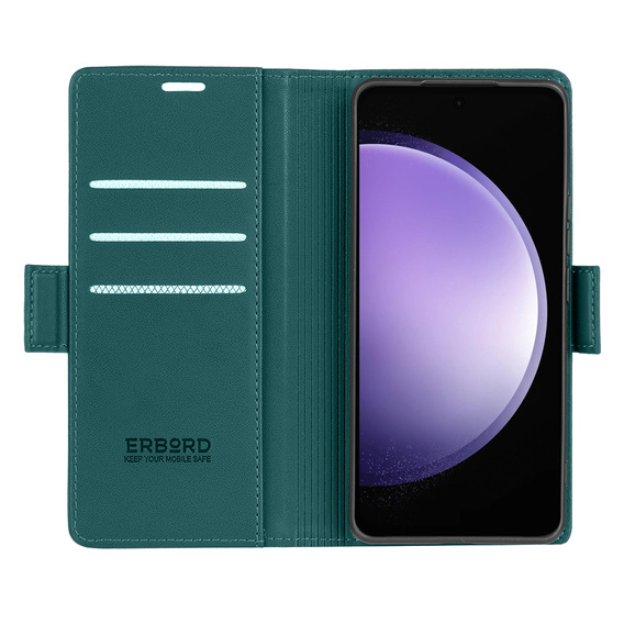 Case for Samsung Galaxy S23 FE, ERBORD Glossy Litchi, wallet with flap, green