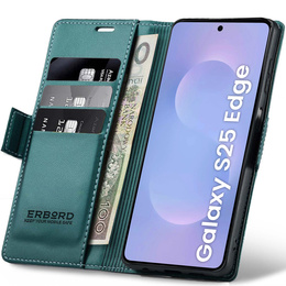Case for Samsung Galaxy S25 Edge, ERBORD Glossy Litchi, wallet with flap, green