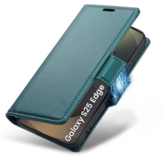 Case for Samsung Galaxy S25 Edge, ERBORD Glossy Litchi, wallet with flap, green
