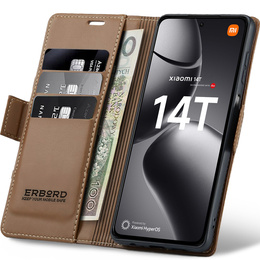 Case for Xiaomi 14T, ERBORD Glossy Litchi, wallet with flap, brown