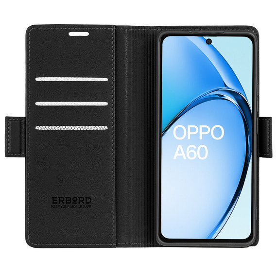 Case for Oppo A60, ERBORD Glossy Litchi, wallet with flap, black